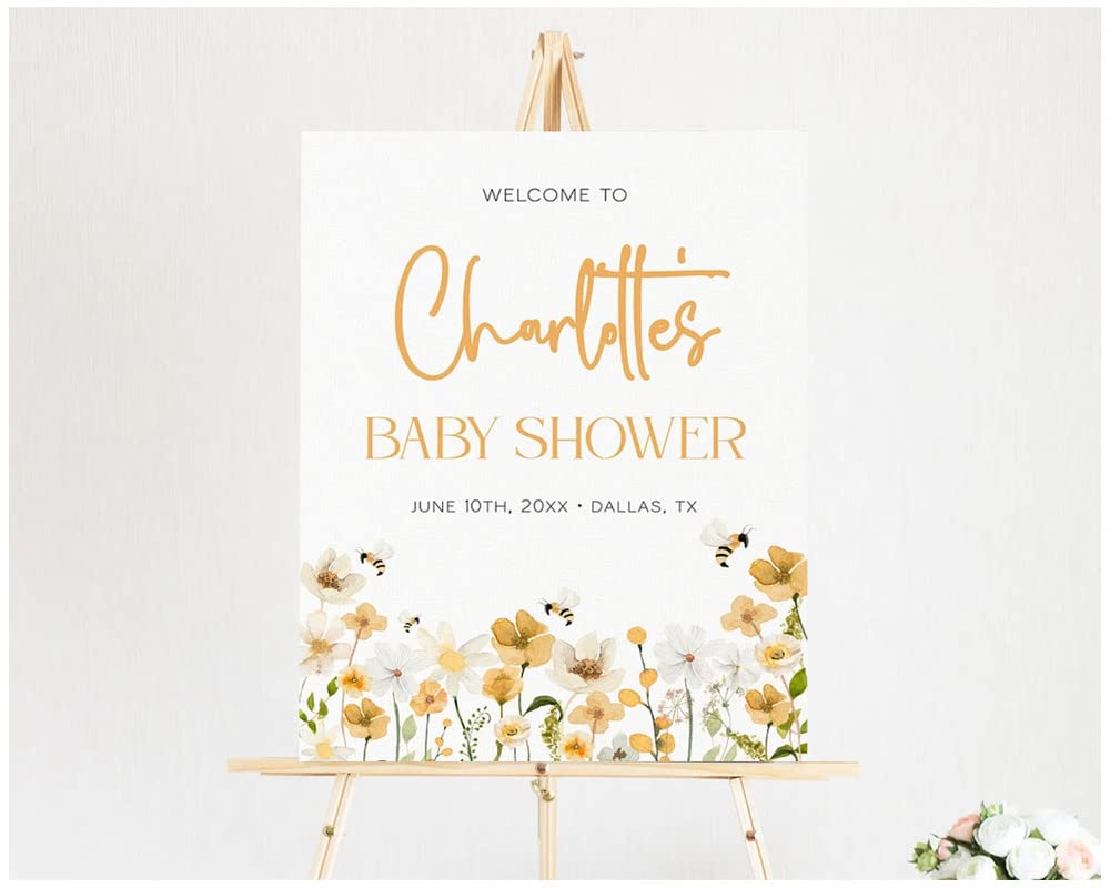 Personalized Bee Wildflower Baby Shower Welcome Sign, Floral Baby Shower Welcome Sign, Bee Baby Shower Sign, Spring Flowers Bee Baby Shower Decoration, Plastic Sign.