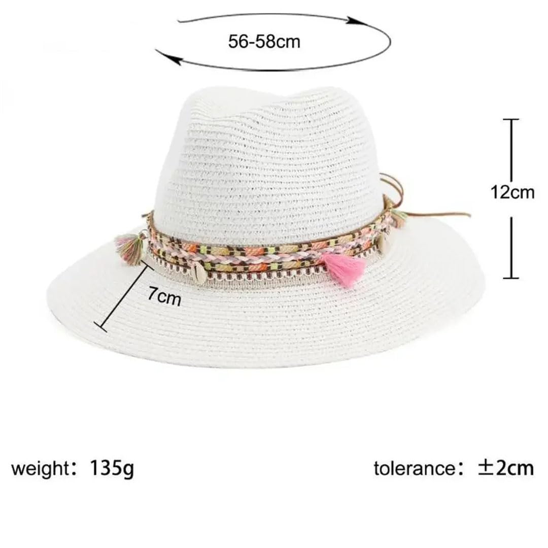 Sombrero de Paja para Mujer, Estilo Fedora, Informal, para Playa, Verano (Azul, 6 7/8)