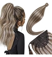 LaaVoo Ponytail Extension Human Hair Ash Brown Mix Platinum Blonde Clip in Ponytail Hair Extensio...