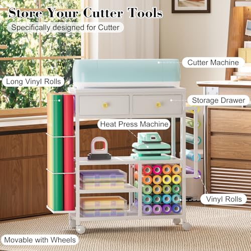 Image of Large Craft Wrapping Paper Organizers Cart, Rolling DIY Storage for Birthday with 2 Fabric Drawers, Lockable Wheels Cart for Vinyl Roll, Craft Supplies, Multi-Tier Craft Tape Holder