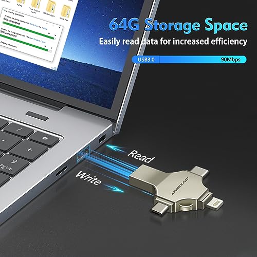 Image of Kinsound 64GB Flash Drive USB 3.0, 4 in 1 Pendrive with Light-ning, Micro USB, USB A for iOS & Android Compatible with Phone, Pad, Android, PC and More Devices