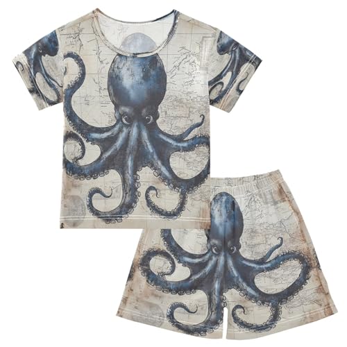 ALAZA Vintage Style Octopus Antique Nautical Map Pajamas Set Short Sleeve Cotton Sleepwear Summer Pjs 2 Piece 5-14Y