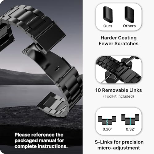 Image of Fullmosa Stainless Steel Watch Band 16mm 18mm 19mm 20mm 22mm 24mm, Quick Release Metal Replacement Strap with Removable Links, Includes Spring Bars & Link Removal Tool for Men Women (22mm, Black)