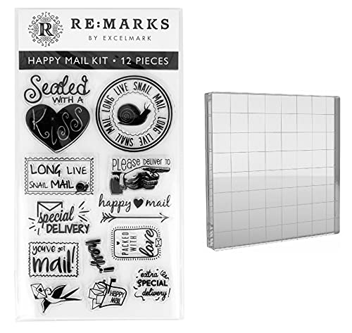 Cling Stamp Set With 4" X 4" Clear Acrylic Stamp Block (Happy Mail) #TOP8