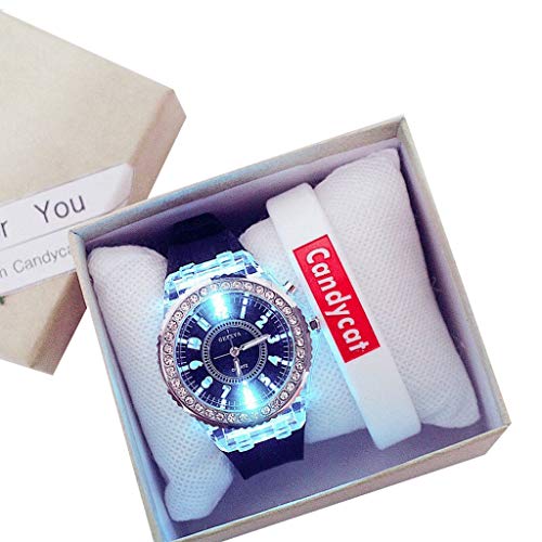 Weimingshop Frauen Armreif Uhr mit Leuchtfunktion, Easy Reader Analoguhr Luxus Unisex Casual Watch mit Silikonband, für Kinder Damenmode Frauen Uhren (Color : Black) Cover
