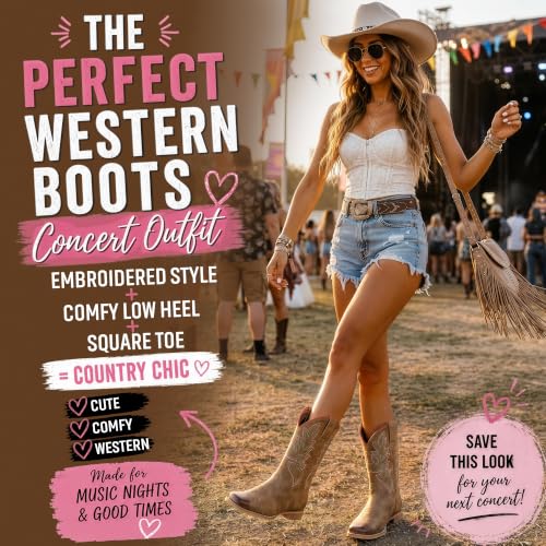 Image of J's.o.l.e Square Toe Cowboy Boots for Women Wide Calf Pull On Fashion Embroidered Western Cowgirl Boots