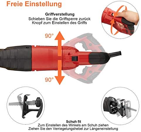 Bild 2 - TEENO Säbelsäge 850W, Mehrzweck-Säge mit LED, schwenkbarem Handgriff, Geschwindigkeit 0-2800 SPM, mit 2 Sägeblättern: für Holz und für Metall