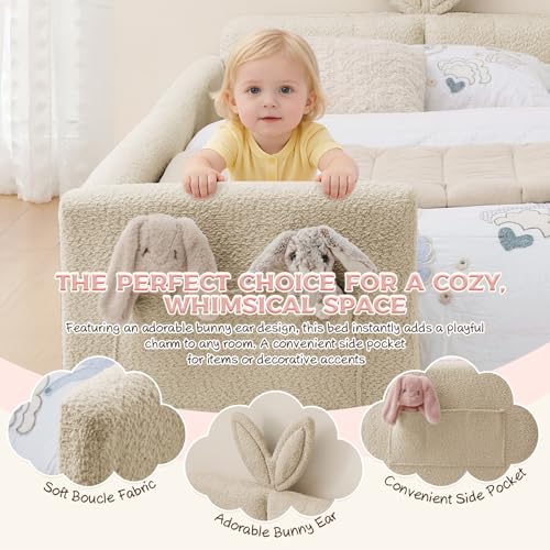 Image of Twin Size Bed Frame for Kids, Upholstered Daybed Frame Floor Bed with Safety Rails and Storage Pocket Cute Rabbit Ear Shaped Headboard for Kids Teens Boys Girls, Camel