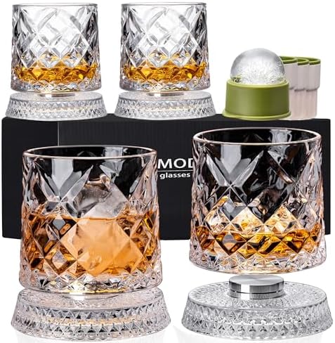 Spinning Whiskey Glasses Set of 4 With Iceball Molds, 9.5oz Lead-...