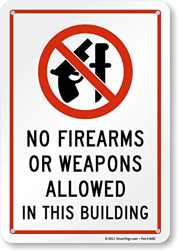 SmartSign 10 x 7 inch “No Firearms Or Weapons Allowed In This Building” Sign, Digital Printing, 55 mil HDPE Plastic, Red, Black and White