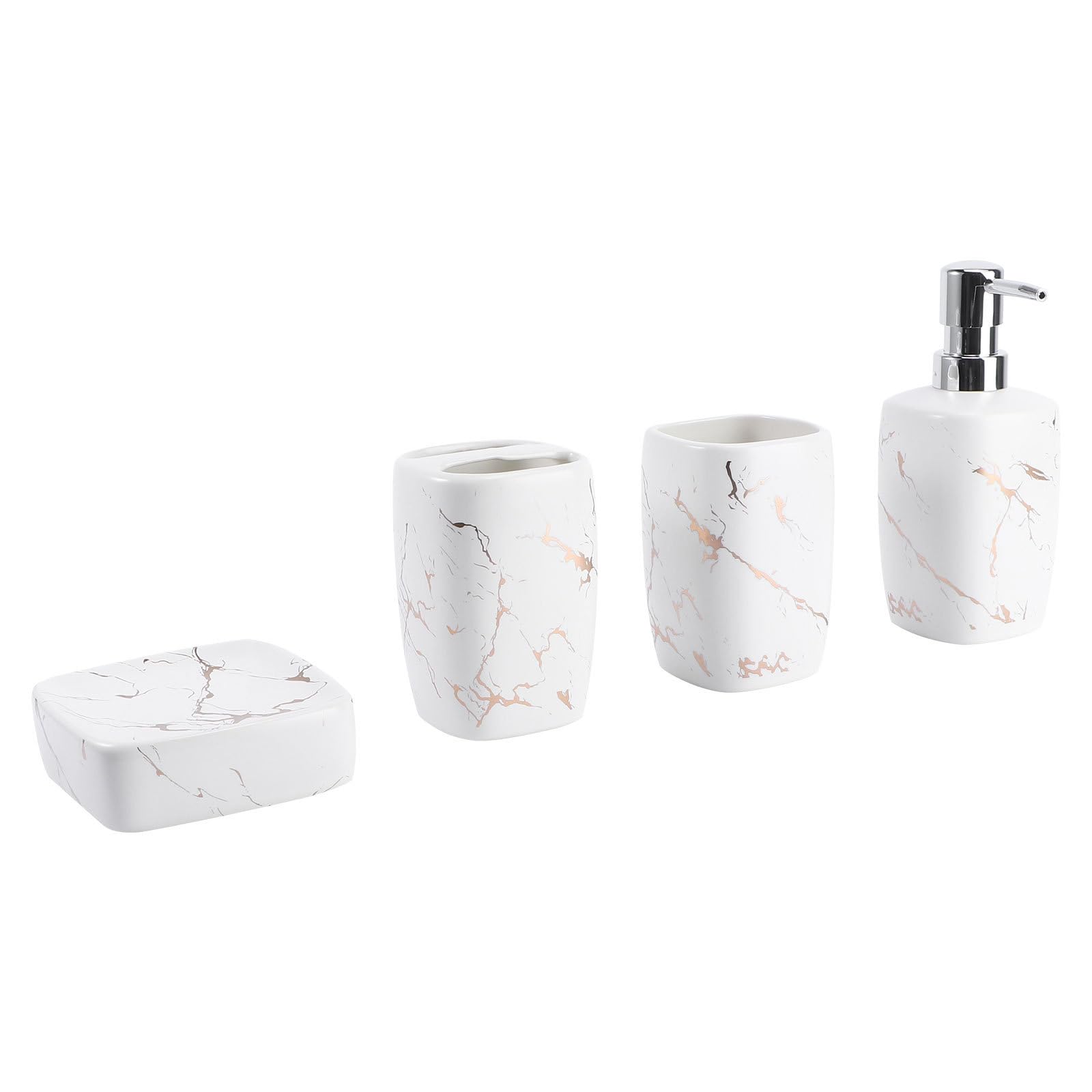 Housoutil Set Accessori Bagno in Ceramica Bianca 4 Pezzi Porta Saponi, Bottiglia Lozione 350ml e Bicchiere per Risciacquo 350ml per Uso Domestico, Superficie Liscia e Design Elegante