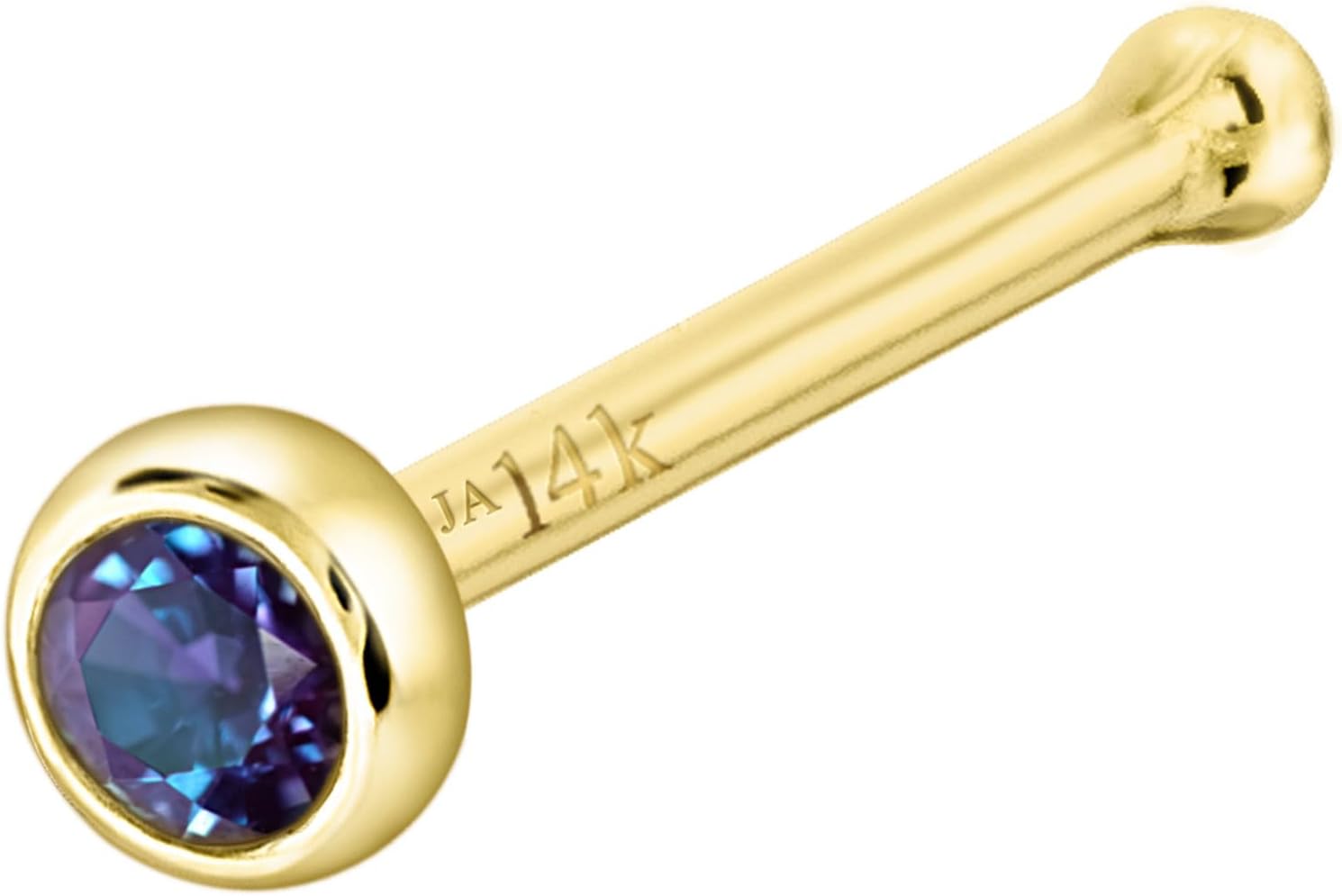 Solid 14K Gold Ball-end Stud Bezel Set Alexandrite 22G Nose Bone Nose Stud - 14K White Gold / 14K Yellow Gold June Birthstone Nose Ring Stud