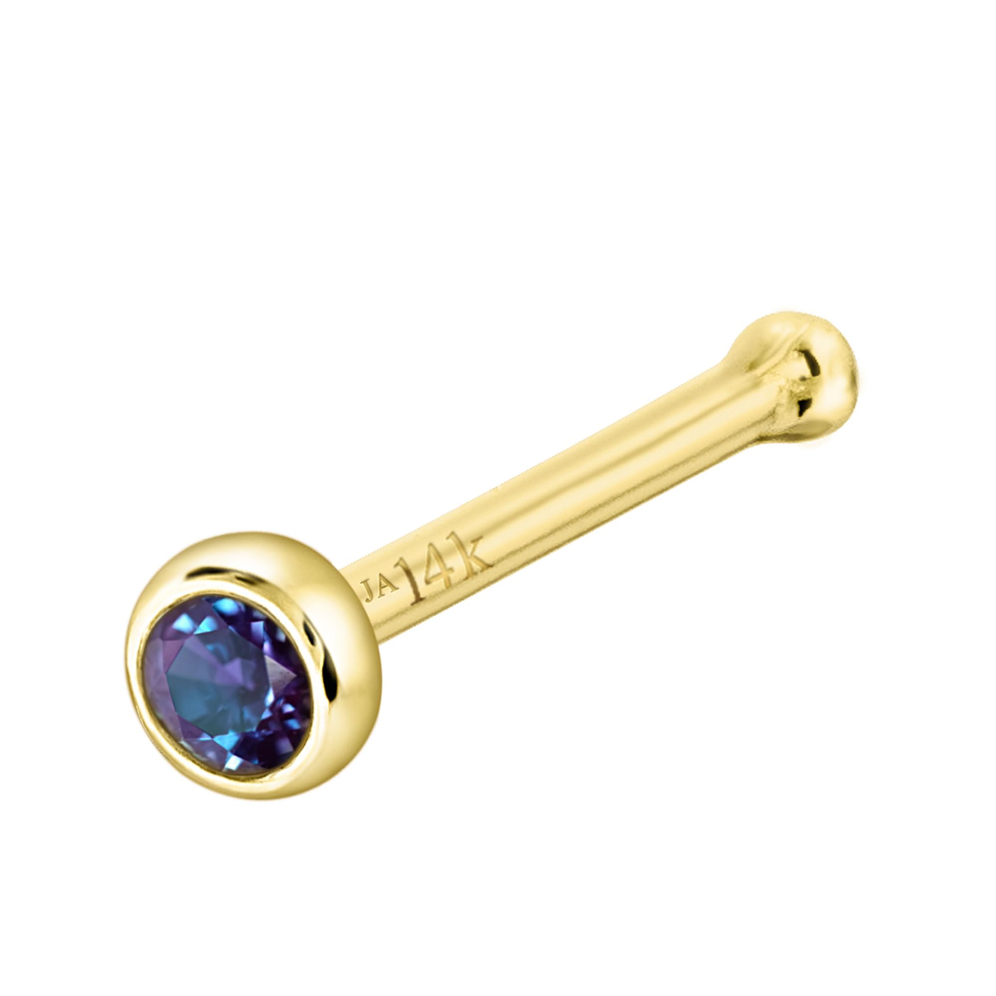 Solid 14K Gold Ball-end Stud Bezel Set Alexandrite 22G Nose Bone Nose Stud - 14K White Gold / 14K Yellow Gold June Birthstone Nose Ring Stud