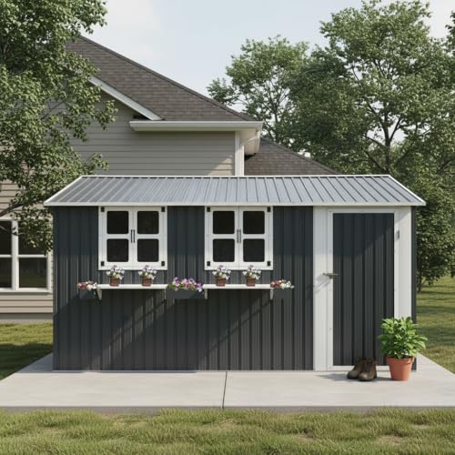 Caseta de metal con techo a dos aguas, puertas dobles y estante para flores, cobertizo de acero galvanizado, resistente a la intemperie, cobertizo para terraza y exterior, espacio de almacenamiento