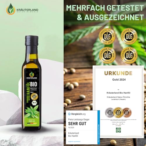 Kräuterland Bio Hanföl 2X250ml (500ml), kaltgepresstes Hanfsamenöl, naturrein ohne Zusatzstoffe, Vegan & GVO-frei, geeignet für Haut & Haare, Premium Qualität