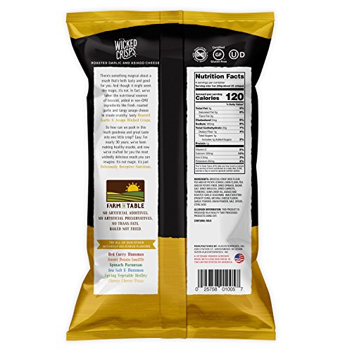 Baked Veggie Chips, Wicked Crisps - Roasted Garlic And Asiago Cheese Broccoli Crisps, Healthy Snack, Crunchy Gourmet Savory Crisps, No Additives Or Preservatives, Gluten Free, Low-Fat, Kosher, Non-Gmo, 4Oz Party-Size Bag (4 Pack) #TOP2