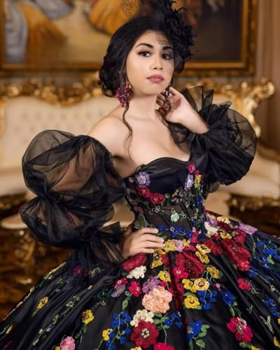 Mouccy Princess 3D Flower Quinceanera Dresses Ball Gown Satin Long Sleeve XV Dresses Beaded Puffy Sweet 16 Dress with Train4