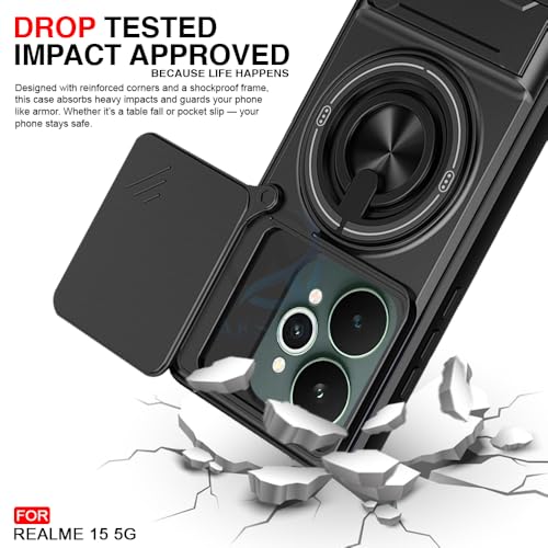 Image of AESTMO Realme 15 5G / 15 Pro 5G Back Cover | Armor Camera Slider 360 Degree Rotating Finger Ring Holder Case with Bracket Stand Back Case Cover (Compatible with MagSafe Accessories) (Black)