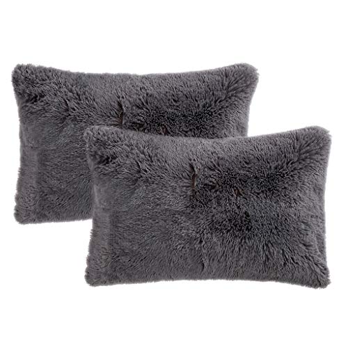 LIFEREVO 2 Pack Shaggy Plush Faux Fur Decorative Throw Pillow Cover Velvety Soft Cushion Case (Dark Gray, Standard Queen)