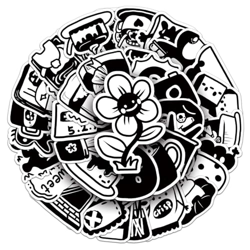 Affoto Artmic Black and White Cartoon Stickers (50 PCS), Waterproof Vinyl for Smooth Surface Gift for Children Teens Adults