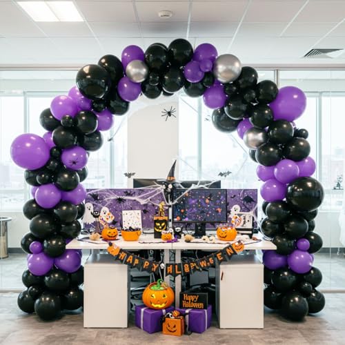 Image of Black and Purple Balloons - 132pcs 18'' 12'' and 5'' Purple Black Balloon Arch Kit with Metallic Silver Balloons for Birthday Party Halloween Graduations Corporate Event and Gaming Night