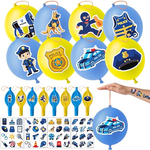 72 PCS Police Party Favors Pack – 48 Pre-Cut Temporary Tattoos & 24 Police Punch Balloons Themed Birthday Party Decorations Supplies Favors Gifts Goodie Bag Fillers Classroom Rewards for Boys Girls