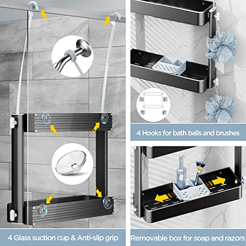 Adovel Shower Caddy Hanging, 2 In 1 Shower Caddy Over Shower Head/ Door, Sturdy Bathroom Shelf Organizer With Adjustable Height, No Rust, No Drilling, 4 Suction Cups For Bathroom Storage (Black) #TOP4