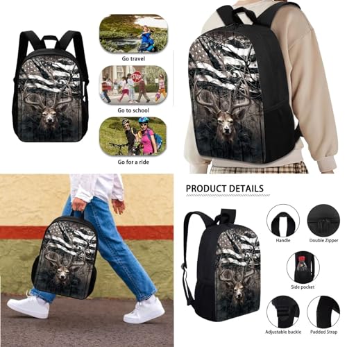 Suobstales Deer American Flag Print Backpack with Lunch Bags and Pencil Case Set of 3 Elementary School Bags for Kids Girls Boys Teens Large Capacity Bagpack Rucksack Travel Outdoor Daypack