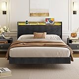 IRONCK Polsterbett 140x200 cm mit LED-Beleuchtung und Ladestation, Bett 140x200 mit Stauraum, Doppelbett Bettgestell mit Lattenrost, Schwebebett, Grau (2 AC-Steckdosen, 1 USB & Typ-c-Anschlusse)