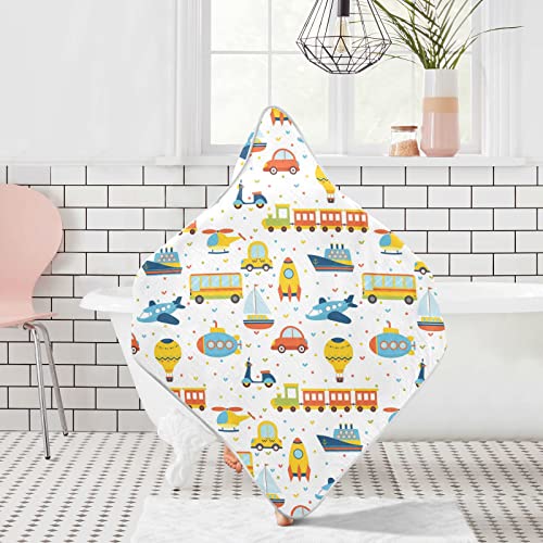 Image of Pigsaly Colorful Cartoon Car Hot Air Balloon Hooded Baby Towel Rocket Airplane Ship Car Baby Bath Towel Unisex Soft Organic Cotton Washcloths Toddlers Shower Gifts for Boys Girls Newborn 35 x 35 in