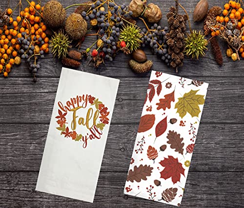 Mainstream Fall Kitchen Towels, Set Of 2, Happy Fall Y All With Tossed Leaf Acorn Print Cotton Dual-Sided Terry Dishtowels Drying Cloth 16*26 Inches White, Rust, Gold, Tan, Brown #TOP3