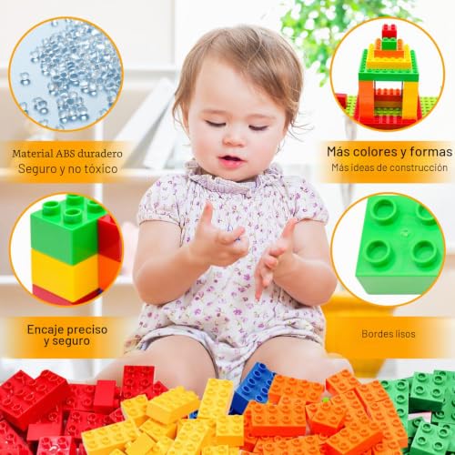 WYSWYG 50 Piezas Bloques de Construcción Grandes para Niños +3 Años, Juguete Educativo,Bloques compatibles, Ladrillos Grandes de 5 Colores Vivos