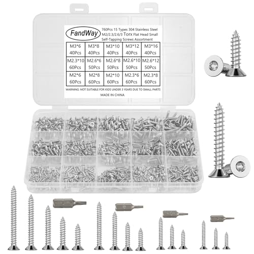 FandWay M2 M2,3 M2,6 M3 Blechschrauben Set,760 Stück Torx Selbstschneidende Schrauben,Holzbauschrauben Edelstahl Senkkopf-Torx-Selbstbohrschrauben,Kleine Schrauben Sortiment mit T6 T7 T8 T10 Bits.