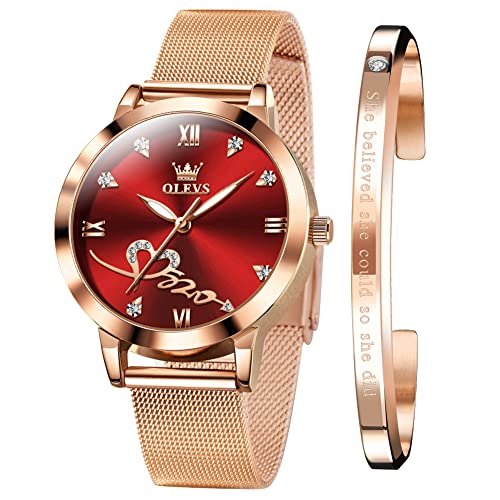 OLEVS Womens Watches Rose Gold Mesh Strap Fashion Dress Quartz Waterproof Luminous Watches for Women Bracelet Sets Red Face