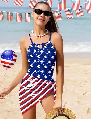 Image of KANGKANG Girls Swimsuit Quick Dry Cut Out One Piece Swimsuits with Tropical Print Cover Up Skirt Bathing Suit Swimwear 7-18Y