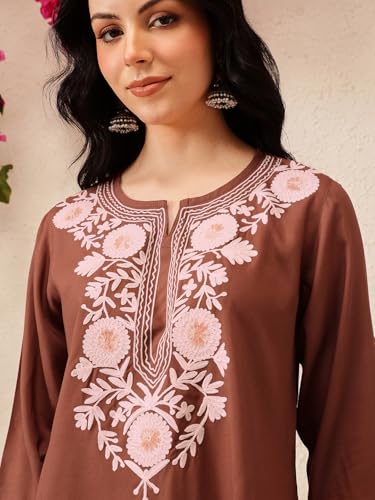 Image of QAZMI Women's Aari Embroidered Viscose Rayon Full Sleeves A-Line Flared Short Kurti