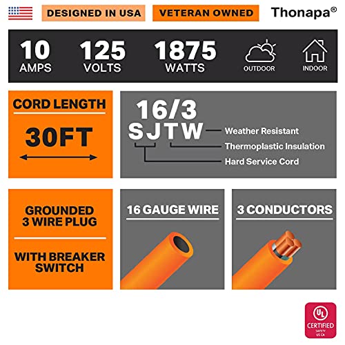 Thonapa 30 Ft Retractable Extension Cord Reel With 3 Electrical Power Outlets - 16/3 Sjtw Durable Orange Cable - Perfect For Hanging From Your Garage Ceiling #TOP1