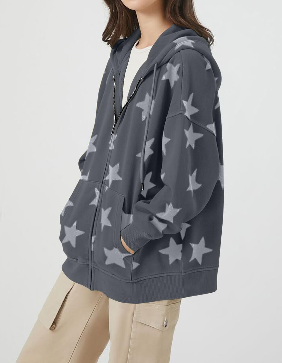 MISSACTIVER Women Star Graphic Zip Up Hoodies Y2k Drawstring Star Print Sweatshirt Oversized Jackets with Slant Front Pocket - Image 2