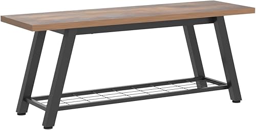 Miniatura 5 de Banco de almacenamiento industrial rústico de madera y metal para zapatos de entrada, estante de almacenamiento, asiento largo para pasillo,