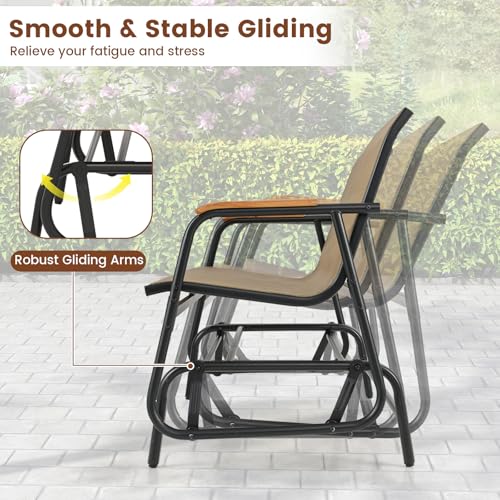Image of Giantex Patio Glider Bench, 2-Person Swing Gliding Loveseat with Curved Teak Armrests, Fabric Seat, Metal Frame, Load 660lbs, Outdoor Rocking Chair for Porch, Yard, Poolside