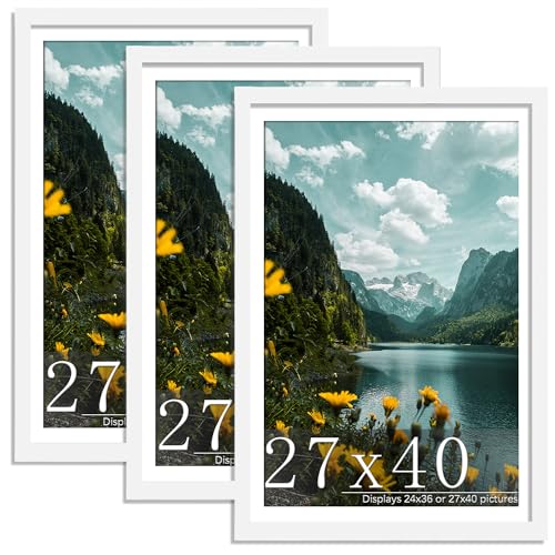 Picrit 27x40 inch Poster Frame 3 Pack, White Poster Frame, Display Poster 24 x 36 with Mat or 27 x 40 without Mat for Horizontal or Vertical Wall Mounting