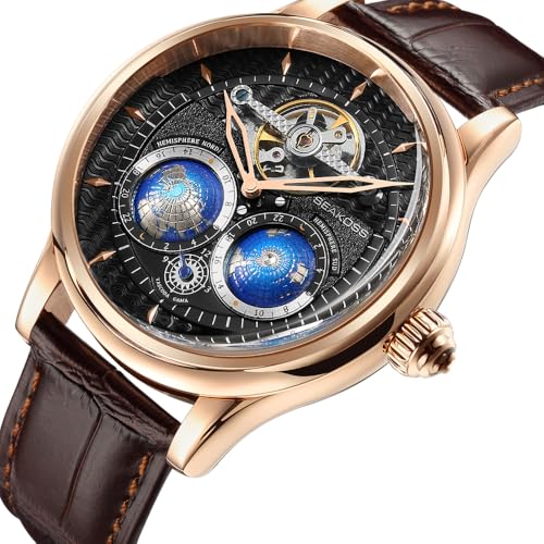 Image of SEAKOSS Watches for Men Automatic Mechanical Luxury Flywheel Watch 3D Double Globe Stainless Steel Case Men Wrist Watch