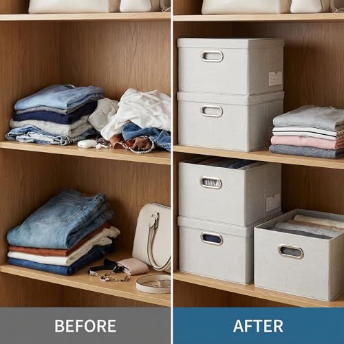 Image of PRANDOM Storage Bins with Lids [3-Pack] Linen Fabric Foldable Storage Boxes Organizer Containers Baskets Cube with Cover for Bedroom Closet Office Beige（11.4X8.6X6.7