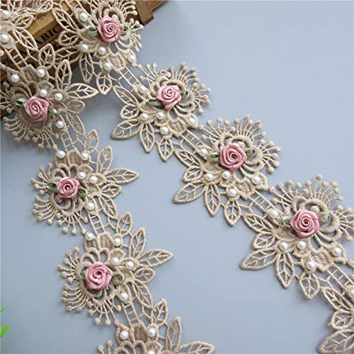 1 Yard Vintage Cotton Eyelash Pearl Flowers Leaf Embroidered Lace Trim Fabric Floral Appliques Lace Ribbon Bridal Ornaments Handmade Diy Sewing Supplies Craft For Costume Hat Decoration (Gold) #TOP4