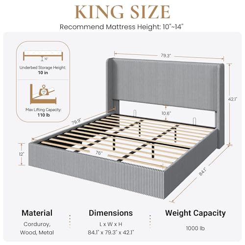 Image of SHA CERLIN King Lift Up Storage Bed Frame, Upholstered Corduroy, Grey