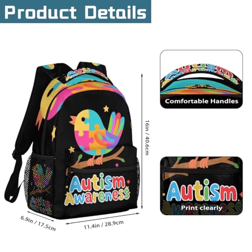Autism Awareness Bird Kids Backpack, Lightweight School Bookbag Large Capacity Laptop Backpack Water Resistant Daypack Shoulder Bag for Teenager Boys Girls2
