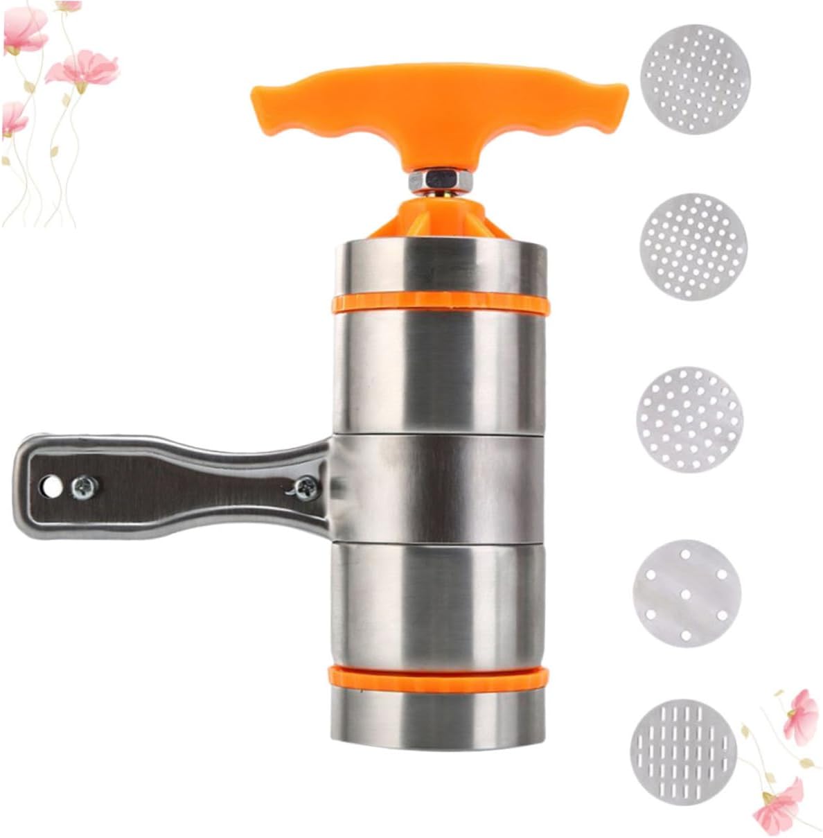 SECFOU 5pcs Manual Noodle Maker Machine Stainless Steel Noodle Press Tool for Home and Restaurant Multi-function Kitchen Appliance Molds Compact Design for Easy Use and Orange
