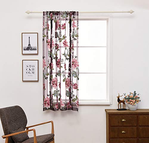Landhaus Tüll Vorhang – Lila Pfingstrose, 120x140 Cm, Aus Organza, Mit Stabtasche Für Stangen Bis 10 Cm