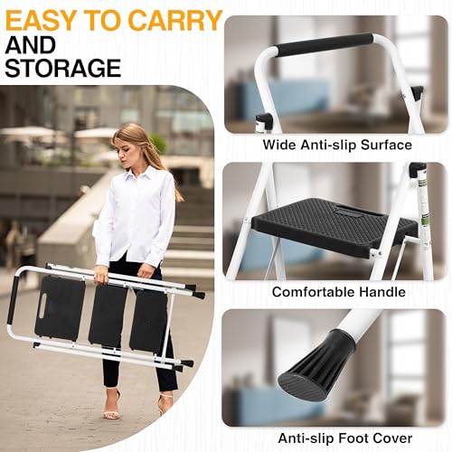 3 Step Ladder, Portable Steel Folding Step Stool with Wide Anti-Slip Pedal & Convenient Handgrip, 500lbs Sturdy Steel Ladder, White - Image 6