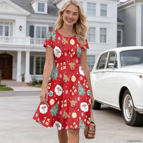 Image of AFPANQZ Womens Casual Summer Lightweight Vintage Dress Short Sleeve Midi Dress Knee-Long Luxury Formal Dress